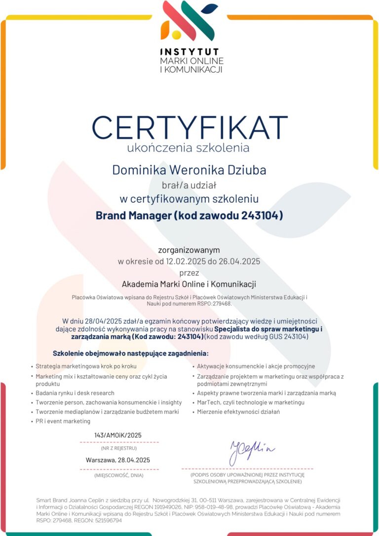 Certyfikat: Brand Manager (kod zawodu 243104) — Akademia Marki Online i Komunikacji, 2025