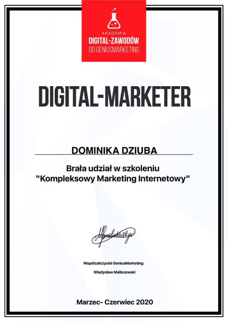 Certyfikat: Digital-Marketer — Kompleksowy Marketing Internetowy — Akademia Digital-Zawodów, GeniusMarketing, 2020