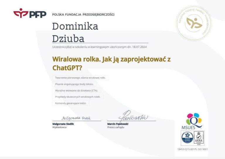 Certyfikat: Wiralowa rolka. Jak ją zaprojektować z ChatGPT? — Polska Fundacja Przedsiębiorczości, 2024